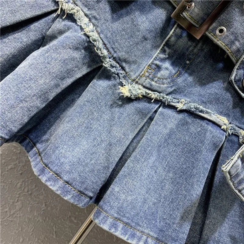 Vintage Light Blue Sweet Pleated Denim Skirt Women street/Baddie Fashion New Popular Slim A-shaped Half-length Hip Skirt