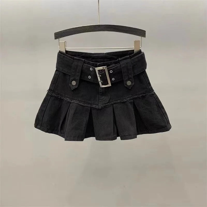 Vintage Light Blue Sweet Pleated Denim Skirt Women street/Baddie Fashion New Popular Slim A-shaped Half-length Hip Skirt