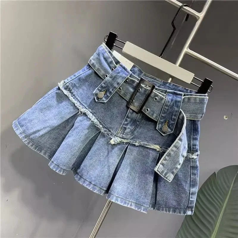 Vintage Light Blue Sweet Pleated Denim Skirt Women street/Baddie Fashion New Popular Slim A-shaped Half-length Hip Skirt